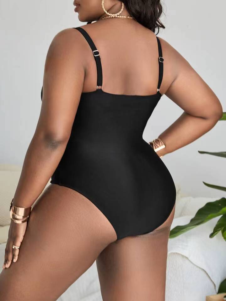 Solid Color Deep V Sexy Hollow Plus Size One-piece Swimsuit